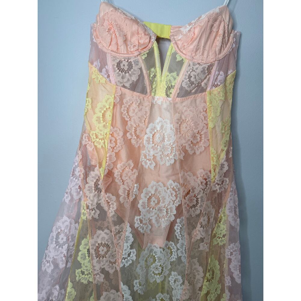 For Love & Lemons Blossom Pink Lemonade Sheer Lace Bodysuit Boho Maxi Dress S - Picture 8 of 10